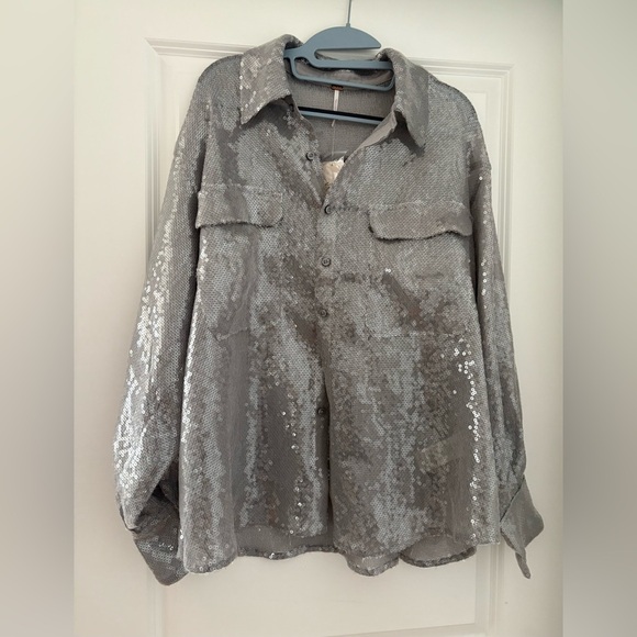 Free People “Disco Margarita” Sequin Button-Down Shirt – Silver – Size Small - Picture 11 of 16